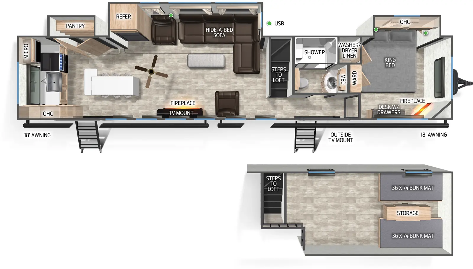 The Cherokee Black Label 39ALBL floorplan has two entries and three slide outs. Exterior features include: fiberglass exterior, 18' & 18' awning and  outside entertainment. Interiors features include: loft, rear kitchen, kitchen island and front bedroom.